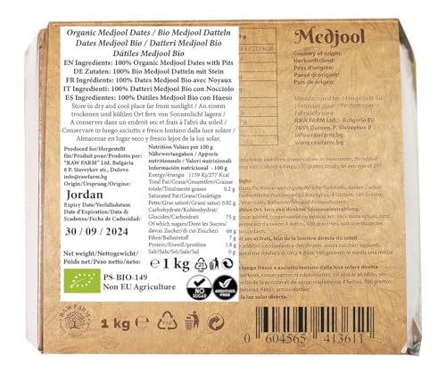 Raw Farm - Bio Frische Medjool Datteln, ausgewählte mittlere Größen 1kg