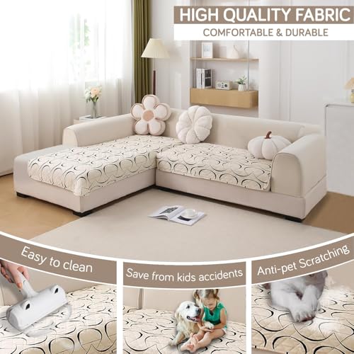 Image of HOKIPO 'Elira Series' Printed Water Repellent + Waterproof Quick Dry L Shape (2+2 Seater) Sofa Seat Cover Mat, Natural Beige Abstract Art (NEW-AR-5245-C4 + NEW-AR-5246-C4)
