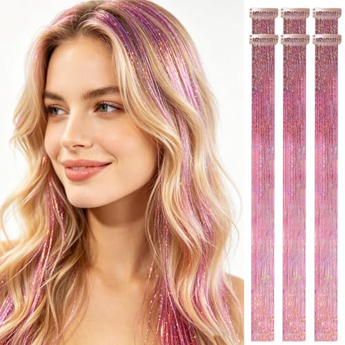 HANDWIG Blush Pink Clip in Hair Tinsel 24 Inch 75 Strands Heat Resistant Glitter Hair Extensions 6 Packs Sweet Fairy Hair for Valentine Birthday Date Party