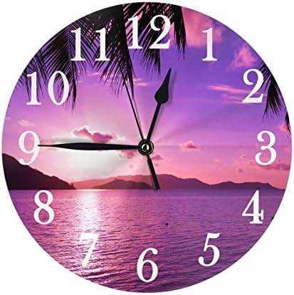 WGNNVOT Purple Sunset Hawaiian Palm Tree 10 Inch Design Round Classic Wall Clock Battery Operated for Home Decorative Living Room Bathroom Office