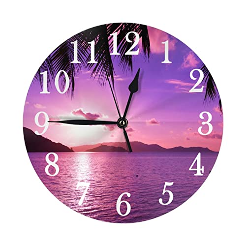 Wgnnvot Purple Sunset Hawaiian Palm Tree 10 Inch Design Round Classic Wall Clock Battery Operated For Home Decorative Living Room Bathroom Office #TOP3