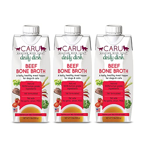 Image of Caru - Daily Dish Beef Bone Broth - Meal Topper for Dogs & Cats - Supports Overall Pet Health - Pour-Over Broth for Wet /Dry Food - Human Grade Ingredients - Non-GMO - Made in USA - 3 Pack
