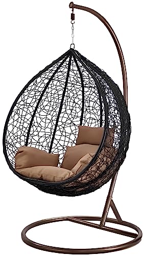 Image of Hindoro Rattan Wicker Wrought Iron Single Seater Swing Chair with Stand & Cushion & Hook Outdoor || Indoor || Balcony || Garden || Patio || Living Outdoor Furniture (Black with Brown, Oval)