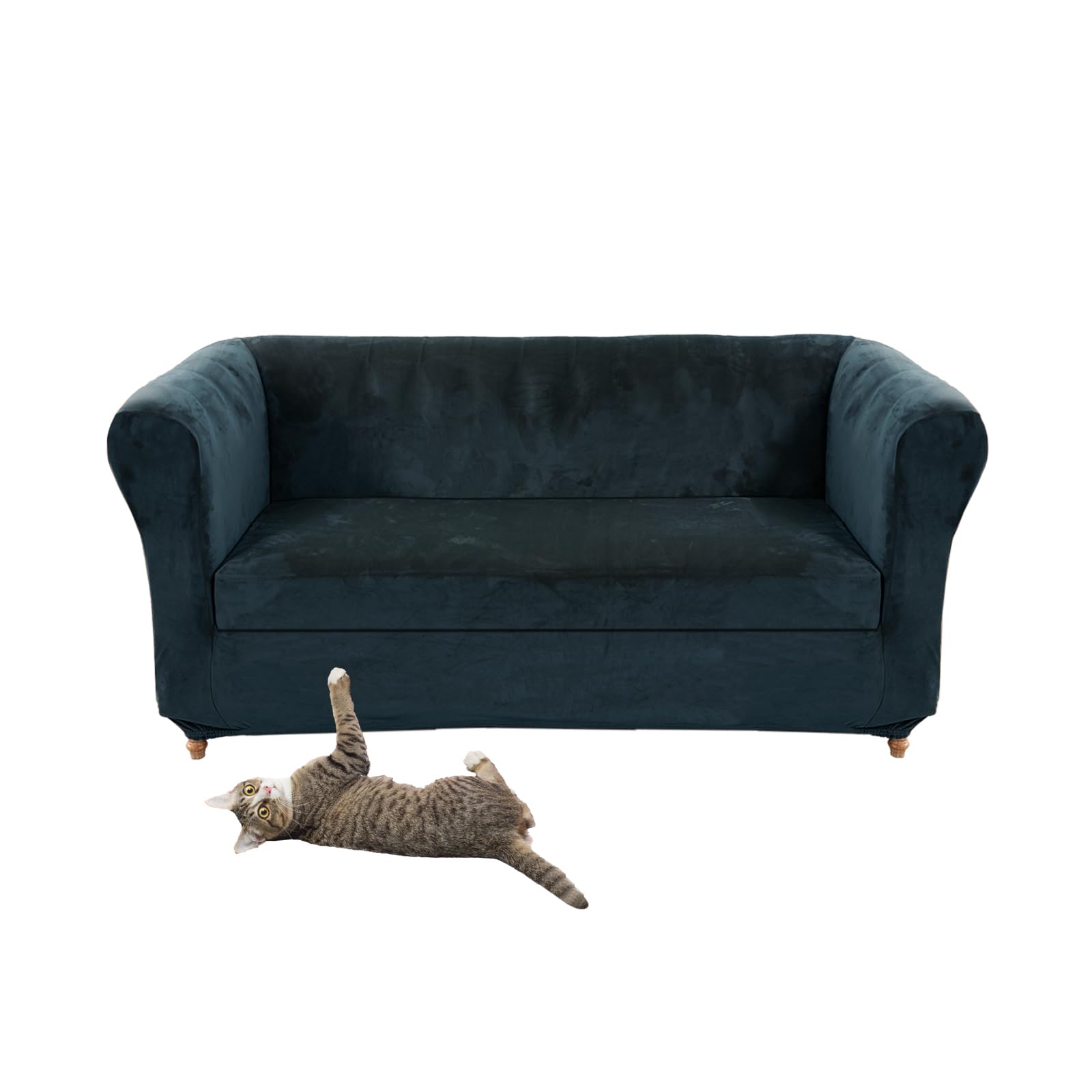 Stretch Velvet Chesterfield Sofa Cover Couch Cover with Seat Cushion Covers for Curved Chaise Armchair Vintage Style (Navy Blue Sofa + 1 3 Seater Sofa)