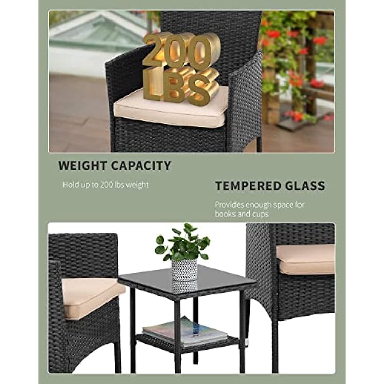 PayLessHere 3 Piece Furniture Patio Chairs Wicker Outdoor Rattan Conversation Bistro Set for Backyard Porch Poolside Lawn (Black)