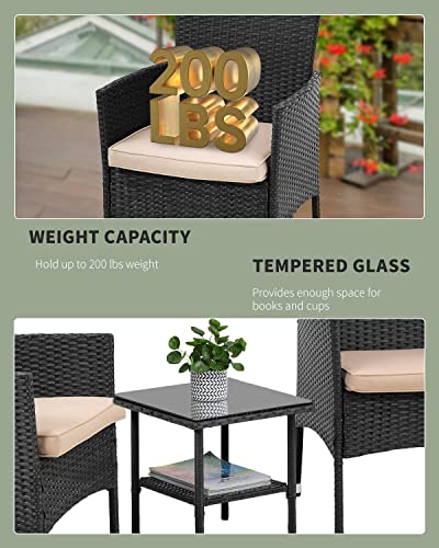 PayLessHere 3 Piece Furniture Patio Chairs Wicker Outdoor Rattan Conversation Bistro Set for Backyard Porch Poolside Lawn (Black) - Thumbnail 4