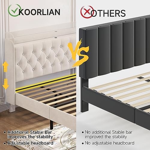 Image of koorlian King Velvet Bed Frame, Adjustable Upholstered Platform Bed Frame with Type-C&USB Ports, Wingback Storage Headboard, Solid Wood Slats Support, No Box Spring Needed, Noise-Free, Beige