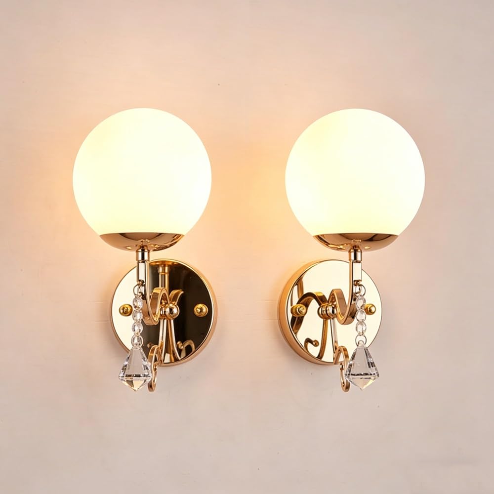 ITOSUI Globe Wall Sconce, Wall Light Fixture, Wall Lamp, Gold Wall Lighting, Retro Art Deco Iron E26 LED Milk Glass Shade Hanging Crystal Elegant Ambient for Bedroom Living Room Hallway(2-Pack)