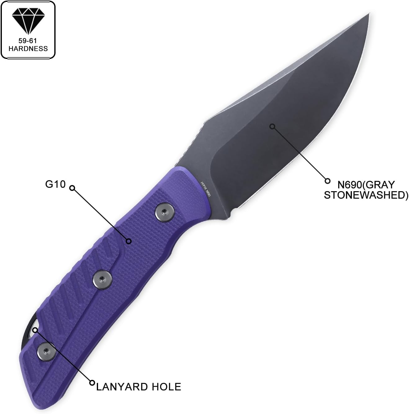 Petrified fish PFP16 Barracuda Fixed Blade Knife,3.86" N690 Steel Black Stonewashed Blade G10 Handle Pocket Knife for Camping Outdoor (Purple Black Stonewashed)