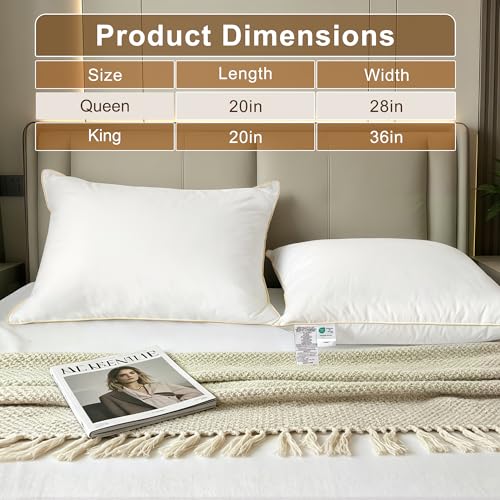 Image of Goose Feather Down Pillows, 600T Cotton Cover, Supportive, Queen Size 1pc | Pillows for Side and Back Sleepers, Best Pillow for Neck Pain, Hotel Collection Bed Pillows, Soft but Supportive Down Pillows
