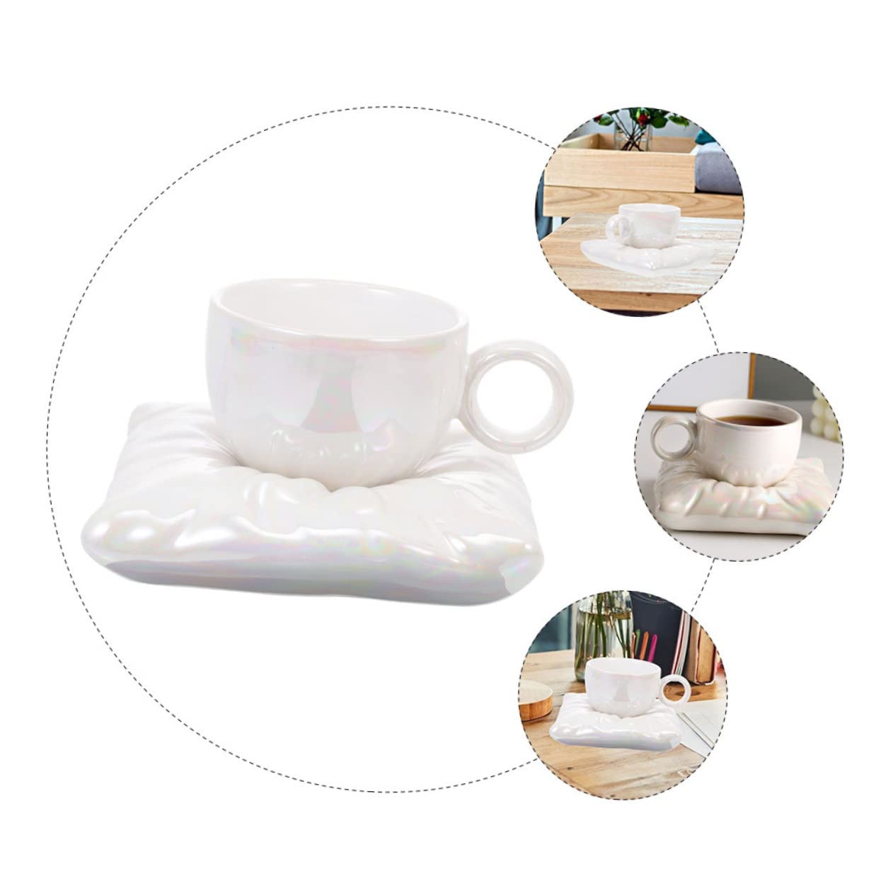 Mikinona Kaffeetasse 200ml aus Keramik mit Kissenförmigem Untersetzer | Weiß, Schlichtes Design mit Schönen Linien, für Tägliche Nutzung und Entspannung