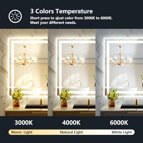 Image of 40x36 Inch LED Bathroom Mirror with Lights Front and Backlit Lighted Vanity Mirror for Bathroom Wall with 3 Colors Dimmable Anti-Fog Memory Shatter-Proof IP54 Waterproof Horizontal /Vertical
