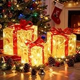 HONGHCL Cajas de Regalo Navideñas con Luz - 3pcs 60 LED Blanca Cálida Cajas de Regalo Iluminado Seguridad para Decorar...