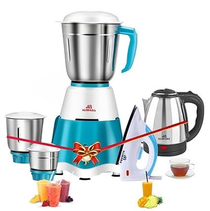 Alibaba Supreme Super Combo 750 W Dry Iron (White,Green), Pearl Electric Kettle (2L, Silver) & 750 Mixer Grinder (3 Jars, White & Sea Green)