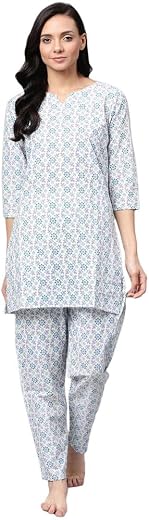 anubhutee Women Grey Pink Pure Cotton Printed Straight Night Suit Pajama Set