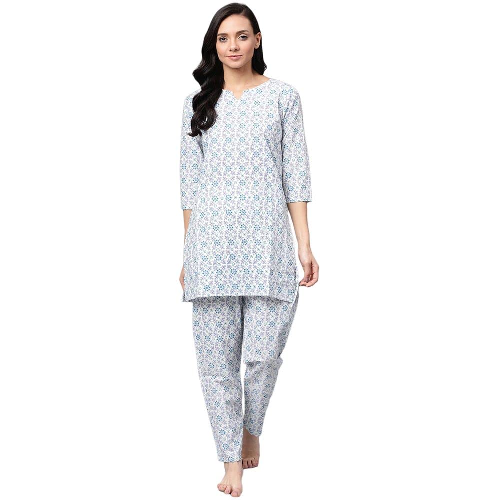 anubhutee Women Grey Pink Pure Cotton Printed Straight Night Suit Pajama Set