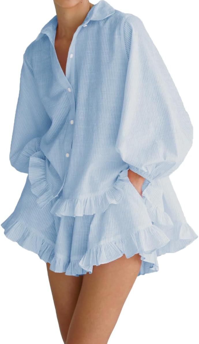 Women Ruffle 2 Piece Sets Long Sleeve Button Down Shirts and Shorts Fashion Stripe Sweatsuit Sets