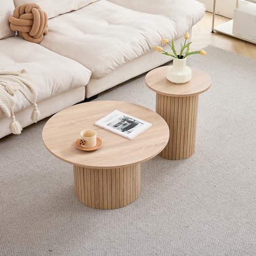 EGOONM - EGOONM Lot de 2 Tables Basses Rondes Gigognes pour la Maison et Le Bureau ; Table D'appoint de Salon Moderne avec Piédestal à Lattes en Bois (Naturel/Grain de Bois)