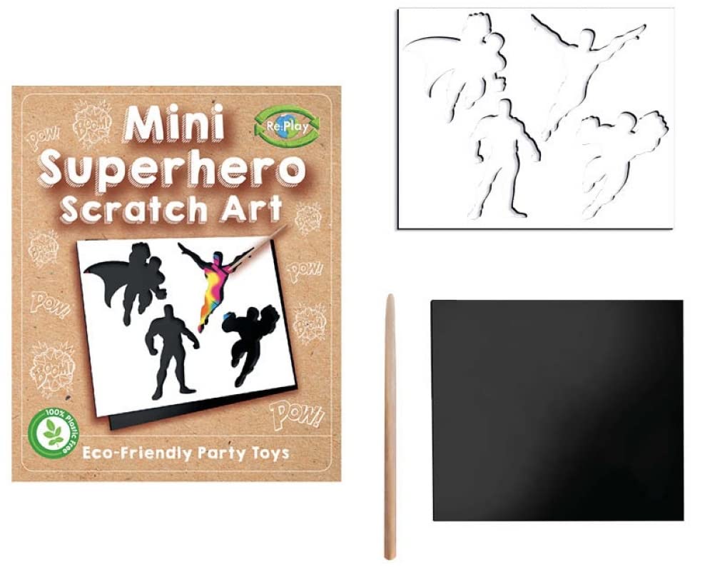 Anila's Complete Superhero Themed 10 Party Bag Fillers & Favours – 10 Sustainable Mini Superhero Scratch Art sheets that are Eco-friendly and 100% Plastic Free. (Ideal for Children Aged 3-8)