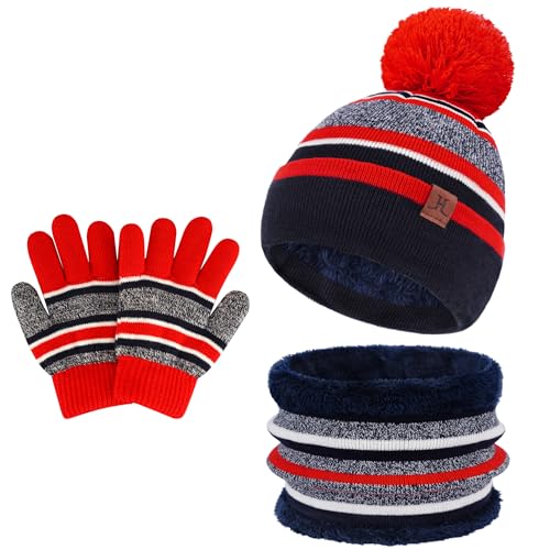 Image of Kids Toddlers Winter Hats Knit Warm Beanie Scarf Gloves Set for Boys Girls Age 2-7, Pompom Cap Neck Warmer Fleece Lined Gifts
