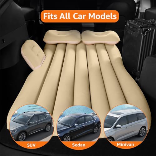 Image of Car Inflatable Bed for Back Seat, Portable SUV Air Mattress with Electric Pump, Thick Flocked Surface, Travel Sleeping Mattress for Camping, Road Trips, Outdoor Adventures (Cream)