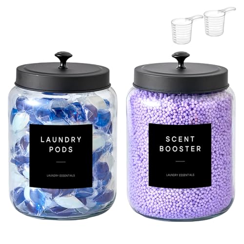 Glass Jars Laundry Containers with Lid, 0.5 Gallon Laundry Organization and Storage Jars, Laundry Detergent Container Laundry Powder Pods Holder, Glass Jar Wide Mouth with Scoops, Labels, 2 Pack