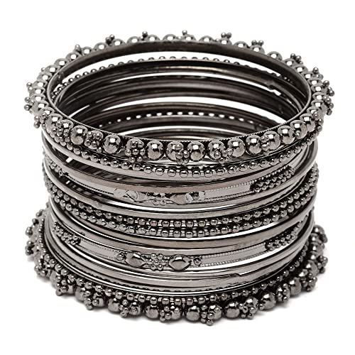 Classic Textured Bangles Set, Oxidised Silver-Plated Tone