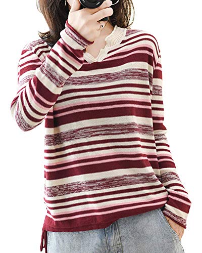 ［セカンドルーツ］ Vネック マルチ ボーダー ニット ぼーだー 柄 薄手 ニットセーター プルオーバー にっと せーたー グラデーションカラー デザイン 長袖トップス おしゃれ お洒落 かわいい きれいめ 上品 エレガント オシャレ オフィス ビジネス 仕事 通勤 通学 スクール スクール用 デート ゆる セーター ピンク ワインレッド レッド あか vネック ボーダーニット 赤 R06-RD