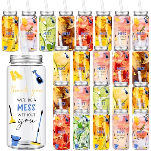 Skylety 24 Pcs Happy Housekeeping Week Appreciation Plastic Cups Gift Bulk 14 oz Cup with Lids and Straws Housekeeping Party Favors for Service Staff Thank You We Would Be a Mess Without You