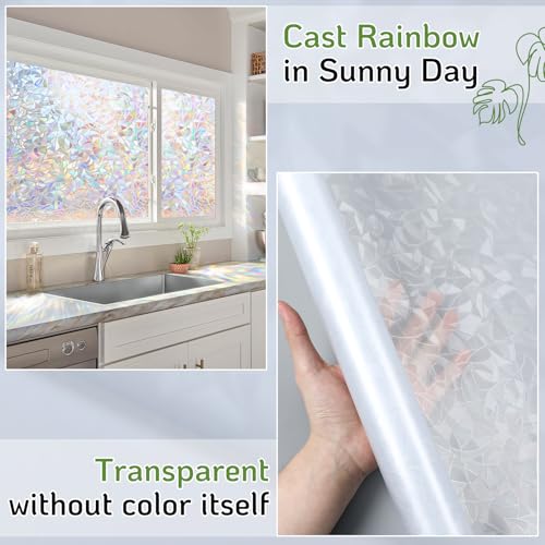 Image of LUTE Rainbow Window Privacy Film, Stained Glass Cling, 17.5 inch x 118.1 inch | 3D Decorative Non-Adhesive Vinyl, Static Cling Removable Glass Stickers, Sun UV Blocking Decal Covering for Home Office