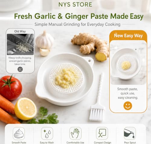 Image of Garlic Ginger Grinder Plate with Filter & Pour Spout | Manual Mini Grater Dish with Brush | Ceramic Grinding Bowl for Garlic, Ginger, Vegetables, Baby Food & Sauce Making