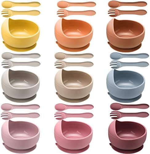 Weewooday 9 Set Silicone Baby Bowls Spoon and Fork Set Baby Bowls with Suction Unbreakable Baby Utensils Infant Boy Girl Feeding Set Led Weaning Supplies for Baby Kids Toddler, 9 Colors