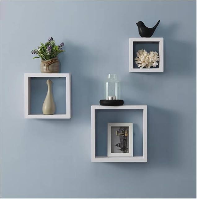 spot on dealz® Cali Wall Floating Shelves Cube Box Set of 3 Wooden White Wall Shelf for Bedroom Living Room Kitchen Decorative Furniture Display Shelving Unit