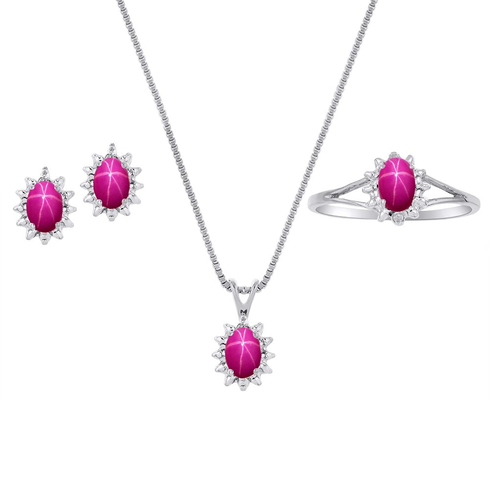 Diamond & Star Rubino Set - Anello, Orecchino e Collana Pendente Oro Giallo 14K o Bianco 14K