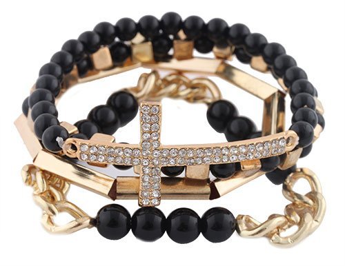 JOTW Black with Goldtone 4 Piece Bundle of Iced Out Cross, Link, Bar Chain Beaded Stretch Bracelet (S-1920)