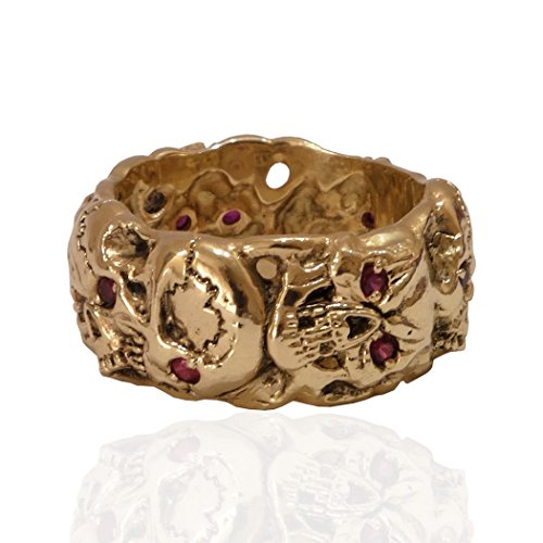 Masonic Memento Mori 10K Gold Skull Band Men’s Ring, Ruby Color Stones #TOP1