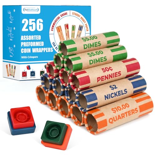 THEBLUETOUCH Preformed Coin Wrappers Rolls with Coin Roll Crimper, Easy-Read Design with Larger Print - Quarters, Pennies, Nickels, Dimes (256 Assorted)