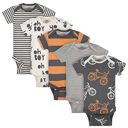 Grow by Gerber Baby Boys Organic 5-Pack Short-Sleeve Onesies Bodysuits, Grey/Ivory/Orange, 3-6 Months