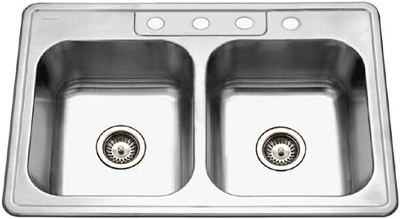 Houzer 3322-8BS4-1 Glowtone Series Top Mount 4-hole 50/50 Double Bowl Kitchen Sink with 8 Deep, Stainless Steel