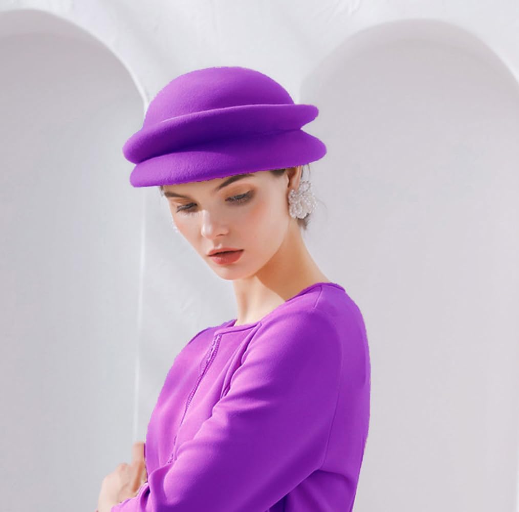 Women's Vintage 100% Wool Felt Cloche Bucket Bowler Hat Winter Vintage Bow Fedoras Church Derby Fascinator Hat image 2