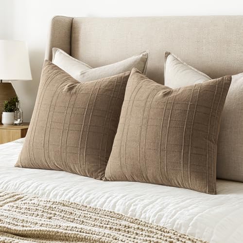 Image of MIULEE Decorative Linen Check Euro Shams Throw Pillow Covers Neutral Farmhouse Vintage Pillow Covers 22x22 Set of 2 Boho Modern Winter Home Decor for Sofa Couch Bedroom Cushion Light Brown