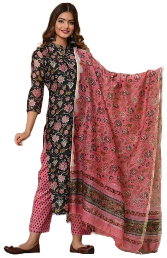 Image of GoSriKi Women's Cotton Blend Kurta with Pant & Dupatta