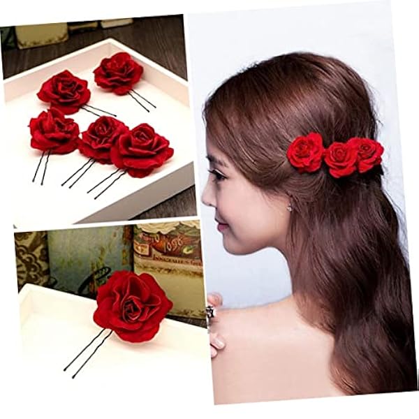 LALAFINA 60 St Flickor Födelsedag Form Spännband Och Blommor Flora Klor Fest Tjej Brudar Bal Kvinnor U-Formade U Ätpinnar Stift Annan Chignon Formad Rekvisita Dans Kvinna Romantisk För Röd