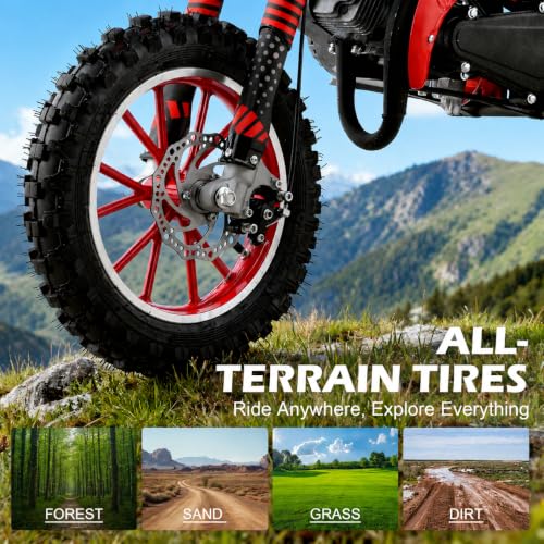 Image of 50cc Dirt Bike, 2 Stroke Gas Mini Bike for Kids 8-14 with Front Rear Disc Brakes, 10 Inch Off-Road Tires, Shock Absorption, Seat Height 23.6in, Max Speed 40mph, 2026 Upgraded,Classic Red