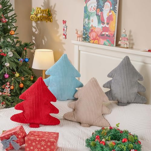 Image of Lanpn Christmas Tree Pillows Set of 2, Christmas Decoration Narrow Stripes Winter Throw Pillow Soft Cute 3D Shaped Xmas Tree Cushion for Sofa Bedroom Xmas Decor (18x16 inch, Off White)