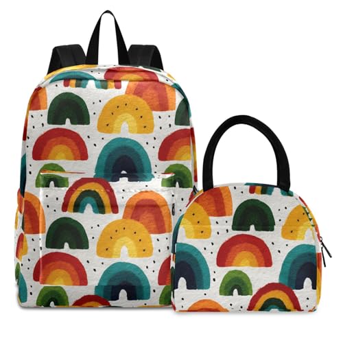 Watercolor Rainbows Print Backpack Set with Lunch Bag, Large Capacity Travel Backpacks and Lunch Box Insulated for Commute Hiking Picnic