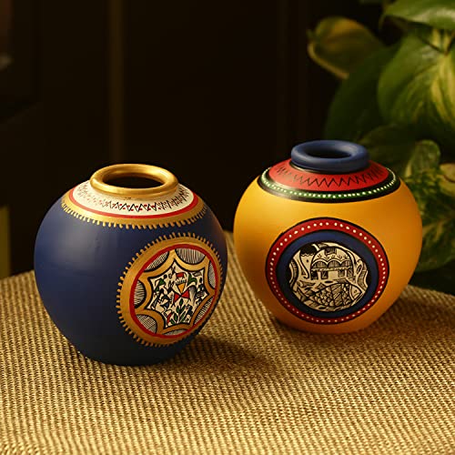 Image of ExclusiveLane Madhubani & Warli Terracotta Vases for Home Decor Flower Vase for Living Room (Set of 2, Blue, Yellow) | Terracotta Flower Vases for Home Decoration Items Vases for Dining Table