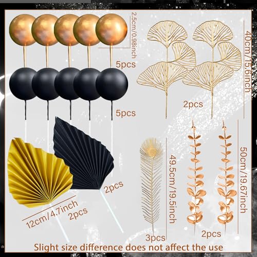 Decoración para tartas de bolas doradas y negras con hojas de repostería 2