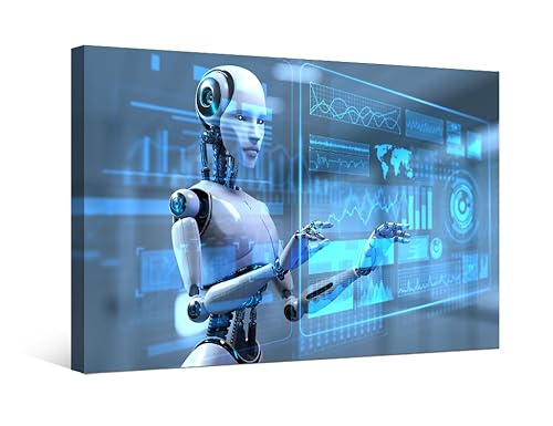LSIUHWUWI Canvas Wall Art AI Robotics Pictures Robot Pressing Button on Screen Wall Paintings for Living Room Bedroom Office Modern Home Decor Framed Ready to Hang 12X16 INCH