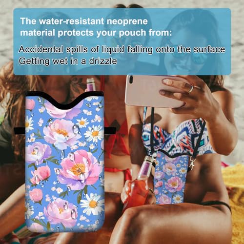 Image of Neoprene Cell Phone Sleeve Pouch Case Bag with Crossbody Strap Neck Lanyard for Women 7.1 X 3.9 in Blue Flower